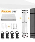 10x10 Foot Pop Up Canopy Tent With Wheeled Carry Bag, Easy One Person Setup, Center Lock Push System For Quick Open No Tools Required, Includes 8 Stakes 4 Ropes 4 Weight Bags, Sun Shade Shelter For Outdoor Events, 100 Sq Ft, White components and accessories