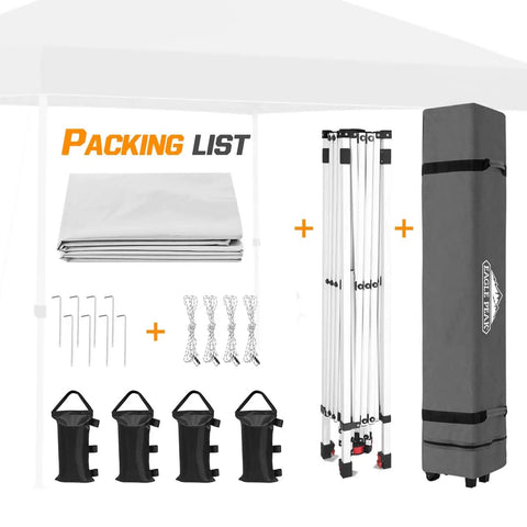 10x10 Foot Pop Up Canopy Tent With Wheeled Carry Bag, Easy One Person Setup, Center Lock Push System For Quick Open No Tools Required, Includes 8 Stakes 4 Ropes 4 Weight Bags, Sun Shade Shelter For Outdoor Events, 100 Sq Ft, White components and accessories