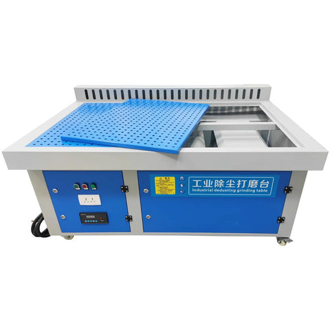 Heavy Duty Metalworking Downdraft Table Dust Collector With Multi Side Suction Panels For Shop Debris That Knocks Out Fine Dust Easy And Runs Super Smooth in blue and gray with perforated top and control panel.