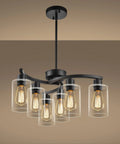 6 Light Modern Chandeliers For Dining Room Black Hanging Light Fixture with clear glass shades and industrial farmhouse style.