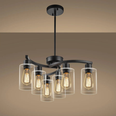 6 Light Modern Chandeliers For Dining Room Black Hanging Light Fixture with clear glass shades and industrial farmhouse style.