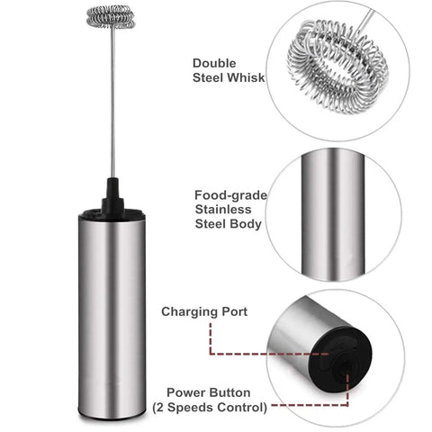 Rechargeable Milk And Coffee Frother Handheld Foam Maker For Lattes Cappuccinos Frappes And Hot Chocolate Barista Grade Foam Quick Electric Foam With Easy One Button Operation, stainless steel body and double whisk