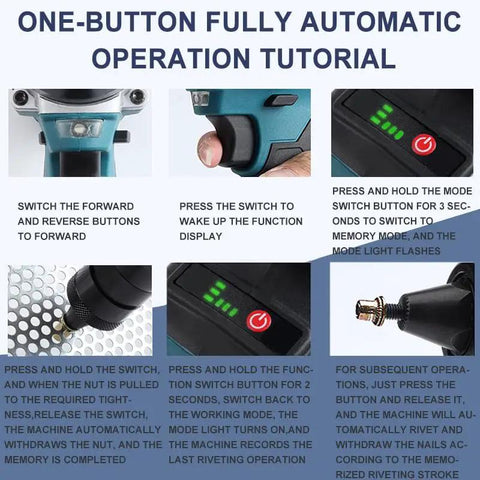 One-button fully automatic operation tutorial for the Cordless Electric Rivet Nut Gun Set With Brushless Motor, Two Speed Settings, And Built In LED Light.