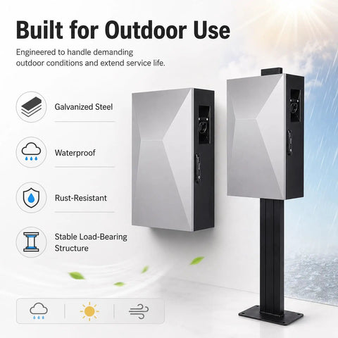 Heavy Duty EV Charger Lock Box With All Weather Rugged Cold Rolled Steel Guard For Safe Outdoor Wall Mount Storage, showing two units.
