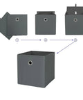 Foldable Gray Storage Cube With Sturdy Metal Ring Handle, No Sweat Shelf Bin Great For Bedroom Or Living Room, Quick Wipe Clean Fabric Organizer To Snap Shut And Hold Your Daily Gear, showcasing its foldable design.