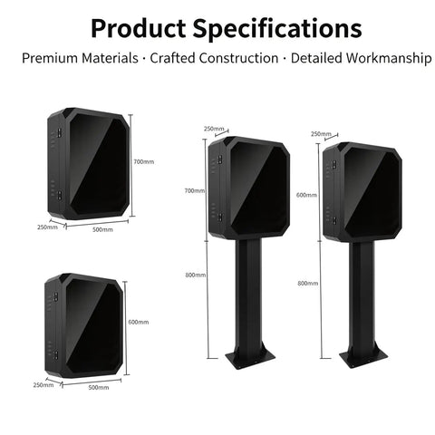 Product specifications for Rock Solid Outdoor EV Charger Cover Waterproof Metal Enclosure in varied sizes and setups.
