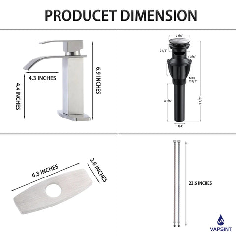 Dimensions of faucet components including handle, spout, drainer, and hoses; Modern Single Handle Gold Vessel Sink Faucet With Brushed Gold Finish.
