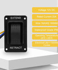 RV Electric Stabilizer Jack Switch With Harness Replacement for rear landing gear, black switch with yellow specs, IP66.