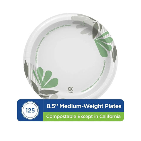 Top Shelf Pathways Heavy Weight Plates In Crisp White Measuring Eight And A Half Inches Ideal For Crushing Big Feasts With Heft You Can Count On And A Clean Aesthetic Offering One Hundred Twenty Five Plates Per Pack displayed with green leaf design.