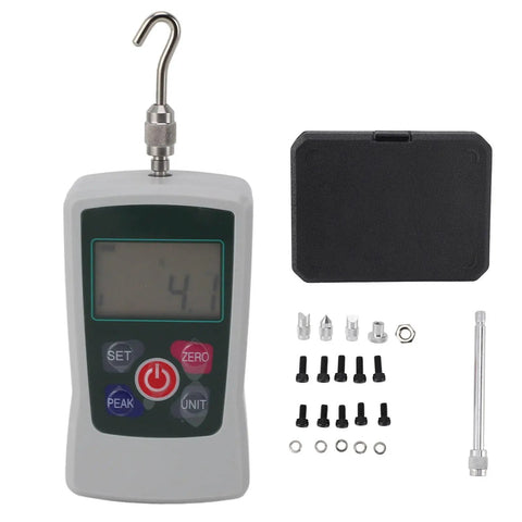 Heavy Duty Digital Force Gauge And Push Pull Meter That Works Like A Champ For Tension Tests showing LCD display and accessories.