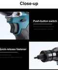 Close-up of Cordless Rivet Nut Gun Set With Led Work Light And Rechargeable Battery showing push-button switch and quick-release fastener.