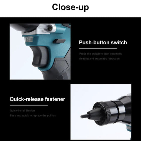 Close-up of Cordless Rivet Nut Gun Set With Led Work Light And Rechargeable Battery showing push-button switch and quick-release fastener.