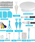 Complete Dope 104 Piece Cake Decorating Tool Set With Turntable Piping Tips Scrapers Molds And Bag Caps displayed