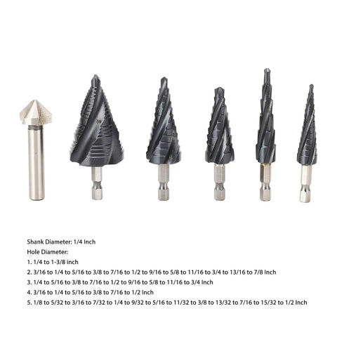 Pro Step Drill Bit Set With Four Spirals For Stainless Steel And Wood, High Hardness Pagoda Bits, 1/4 Inch Shank Kit For Electric Drills To Make Clean Holes Fast In Metal Plates; 6 drill bits with sizes shown