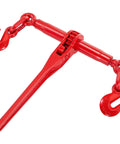 Built Tough Heavy Duty Chain Binder Kit With Swivel G70 Hooks Fits 3/8 To 1/2 Inch Grade Seven Links 9215 Lbs close-up view of red ratchet binder with hooks