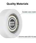 4 Pack Silent Roller Bearings 608ZZ Double Shielded Smooth Operator Pulley Wheels 8X30X11mm Nylon Idler Sleeves For Furniture And Home Repairs Glides Like A Breeze In White close-up of the nylon roller with chrome steel bearing.