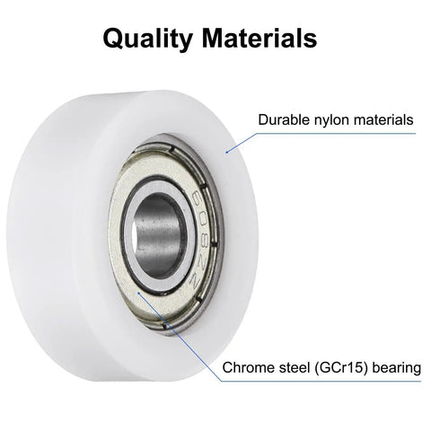 4 Pack Silent Roller Bearings 608ZZ Double Shielded Smooth Operator Pulley Wheels 8X30X11mm Nylon Idler Sleeves For Furniture And Home Repairs Glides Like A Breeze In White close-up of the nylon roller with chrome steel bearing.