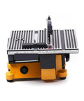 Slick Mini Electric Table Saw With Four Inch Blade And Sixty Watt Motor Rock Solid Benchtop Circular Station showing top view with measurement scale.