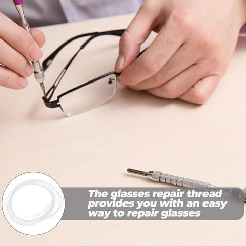 Person using eyewear repair string for glasses nylon thread quick adjustment tool to fix glasses frames on table