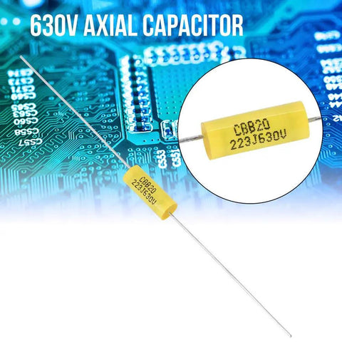 Top Shelf Polyester Film Capacitor Kit 630V 0.022uF Axial Leads on a circuit board, showcasing a single yellow axial capacitor.