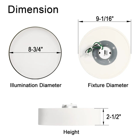 Five Color Temperature Dimmable LED Flush Mount Ceiling Light Fixture dimensions illustration showing diameters and height