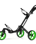 Aluminum Three Wheel Golf Pull Cart Featuring A Spinning Front Roller Manual Foot Brake Adjustable Height Bar and Secure Elastic Straps For A Hassle Free Rollout That Glides Smooth Across Any Fairway, in black with green wheels.
