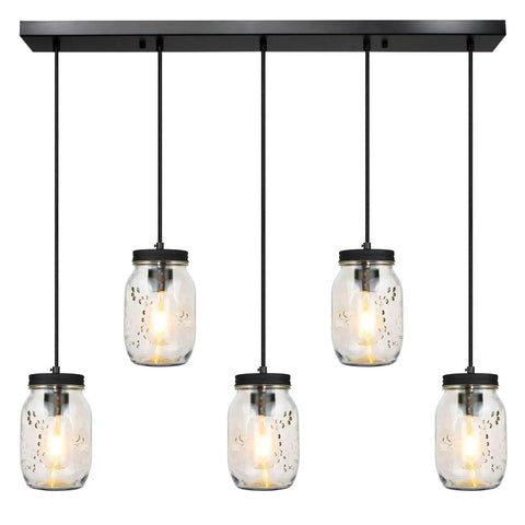 Five Light Glass Mason Jar Pendant Lights Farmhouse Kitchen Island Dining Room, Rustic Adjustable Height Jar Ceiling Fixtures Over Sink
