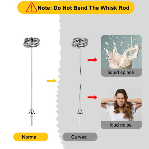 Image showing a normal and curved whisk rod with warning not to bend, illustrating potential liquid splash and noise issues.