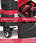 Close-up of Three Tier Stackable Rolling Tool Box With Wheels showing red and black modular boxes, tools, and rotating wheel.