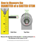 How to measure diameter of a caster stem with measuring tape and caster views, showing thread diameter of 5/16 for accurate fitting.