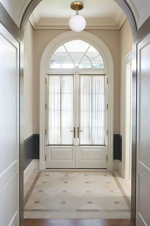 Mid Century Modern Ceiling Light Fixture With Milk Glass Shade And Matte Gold Finish Semi Flush Mount in elegant hallway