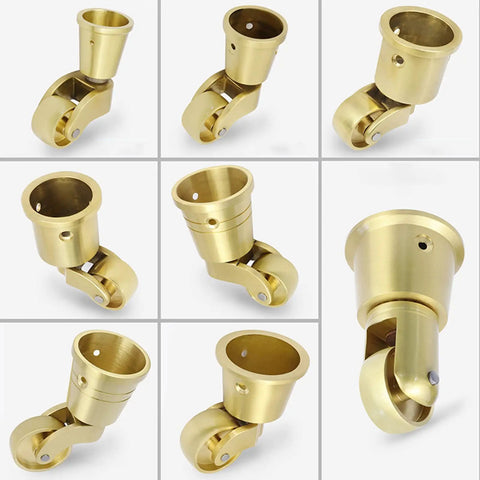 Solid Brass Furniture Casters Straight Up Heavy Duty Swivel Wheels Vintage Round Cup Base showing smooth gliding action from multiple angles.
