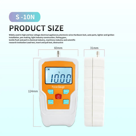 Kickass Digital Force Gauge With Hella Accurate Push And Pull Meter features a 124mm x 60mm x 31mm design for tension testing.