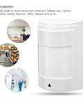 Wired Dual PIR Motion Sensor With 12V High Decibel Infrared Alarm For Top Notch Home Security Setup To Keep Your Spot Locked Down Tight Through Bedrooms And Living Rooms, shown next to various room settings.