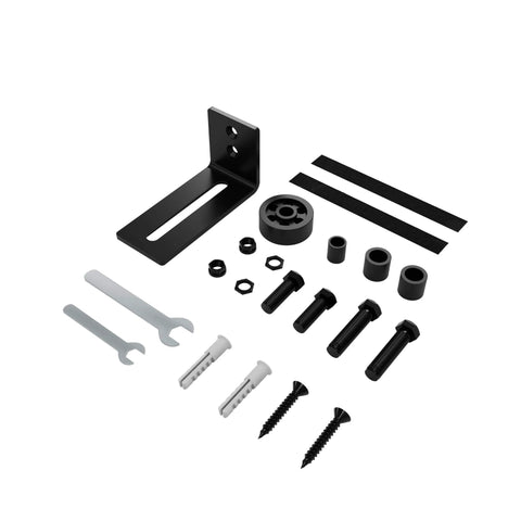 Sliding Barn Door Floor Guide With Adjustable Stay Roller For All Door Sizes Wall Mount Hardware Kit in black steel, shown uninstalled.