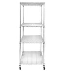 Heavy Duty Metal Wire Shelving Rack With Smooth Rolling Casters And 550 Lb Load Capacity, 4 shelves, silver steel frame.