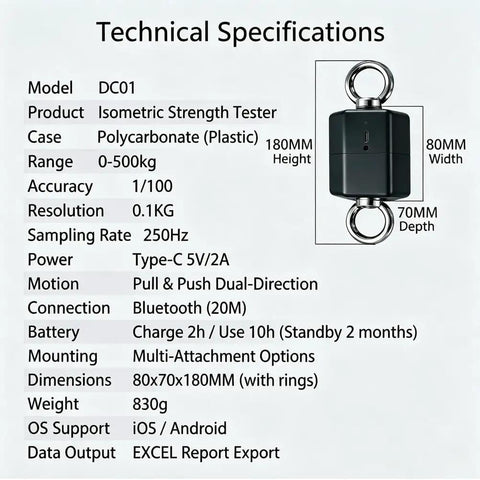 Technical specifications image of Heavy Duty Digital Force Gauge And Push Pull Tester With Bluetooth App Sync.