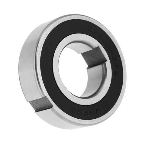 Drop Dead Solid Chrome Steel One Way Bearing Sprag Clutch With Dual Keyways showing side view with black rubber seal for automotive use.