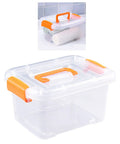 Truly Heavy Duty Clear Plastic Storage Bin With Snug Latching Lid Game Changer For Decluttering Every Room, 21L with orange handle.