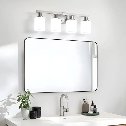 Four Light Brushed Nickel Vanity Light With Square Frosted Glass Modern Bathroom Wall Fixture Over Mirror E26 Sconce installed