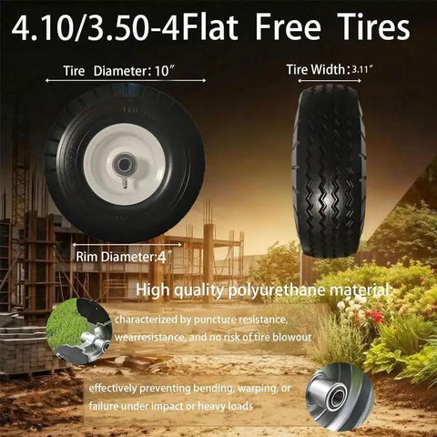 10 Inch Solid Tire And Wheel 4.10/3.50-4 Puncture Proof Cart Wheels profile view showing polyurethane material and specifications.