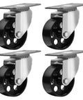 All Steel Swivel Plate Caster Wheels Set Heavy Duty High Gauge Iron Casters 1200 Lb Total Capacity Four Pack With 3 Inch Wheel Diameter No Brake Mounting Plate 2.5 Inch By 3.5 Inch 1.7 Inch Center To Center Bolt Pattern
