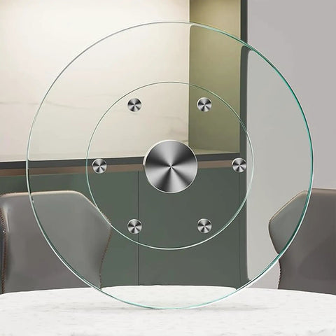 Top Notch Large Round Lazy Susan Turntable For Party Banquets And Dinner Gatherings Effortless Rotating Serving Tray clear glass view with sleek metal base
