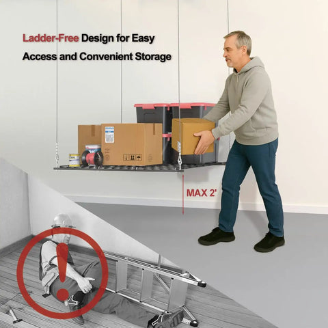 Heavy Duty Overhead Garage Storage Rack For 10 To 12 Ft Ceilings With A Slick Drop Down Release And Rock Solid Safety Locks 4X4 Foot Ceiling Loft Organizer 250 Lb Capacity in use, man accessing stored boxes.