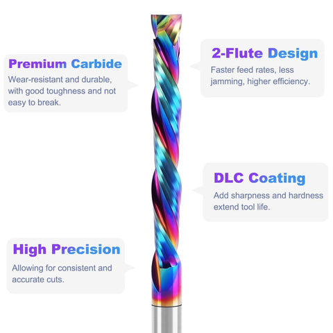 Pro Grade One Quarter Inch Shank Compression Router Bit Extra Long Four Inch Overall Length Two Inch Cutting Length DLC Coated Up Down Cut Solid Carbide CNC End Mill For Wood MDF Acrylic PVC Woodworking, colorful design, side view