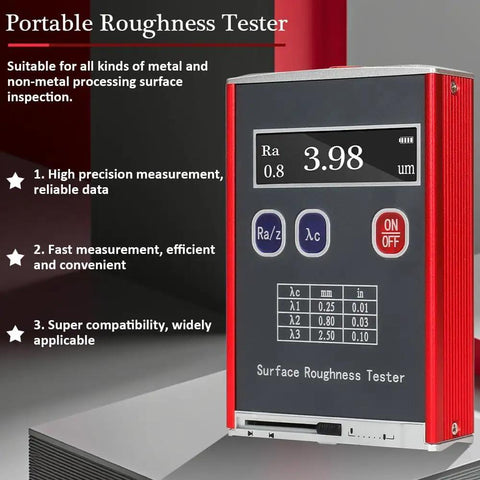 Pro-Grade Surface Roughness Tester With LED Display showing Ra value for precision machining quality control.