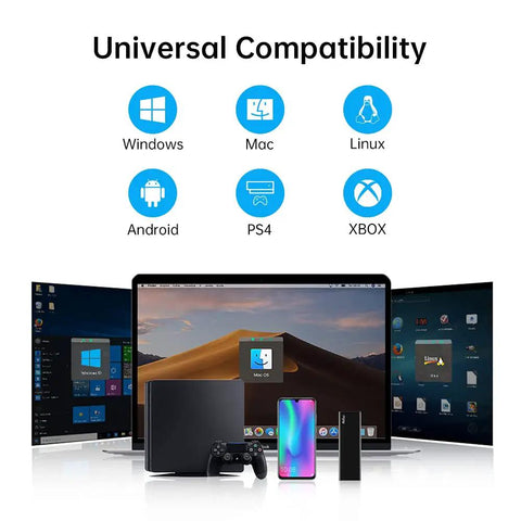 250GB Portable SSD USB 3.2 Gen 2 Type-C External Drive displayed with laptop, smartphone, gaming console, compatible with multiple OS