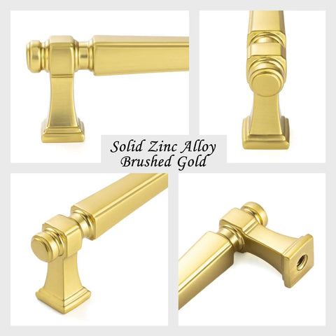 Top Shelf 5 Inch Brushed Gold Cabinet Pulls 10 Pack Sleek French Style Drawer Hardware For Kitchen And Bathroom Kickass Solid Metal Build Rust Resistant Finish With Zero Hassle Installation Kit Included close-up views of solid zinc alloy details.