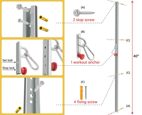 Adjustable Resistance Band Wall Anchor For Quick Home Gym Flex And Space Saving Workouts Targeting Every Muscle Group, 40" steel rail with hooks and screws.