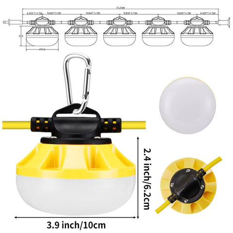 LED Construction String Lights 50FT, 5x50W Units, 5000LM Total, IP65 Waterproof light with yellow polycarbonate housing and carabiner.
